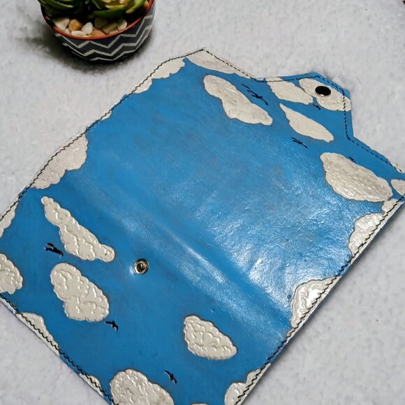 Hand Painted "Clouds&Birds In The Sky" Long Wallet Blue/White/Black - Picture 7 of 12